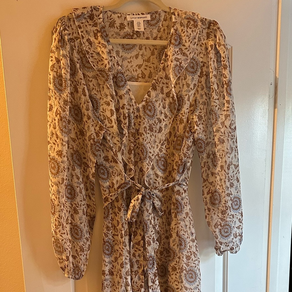 Lucky Brand Cream and Brown Long Sleeve Floral Wrap Dress